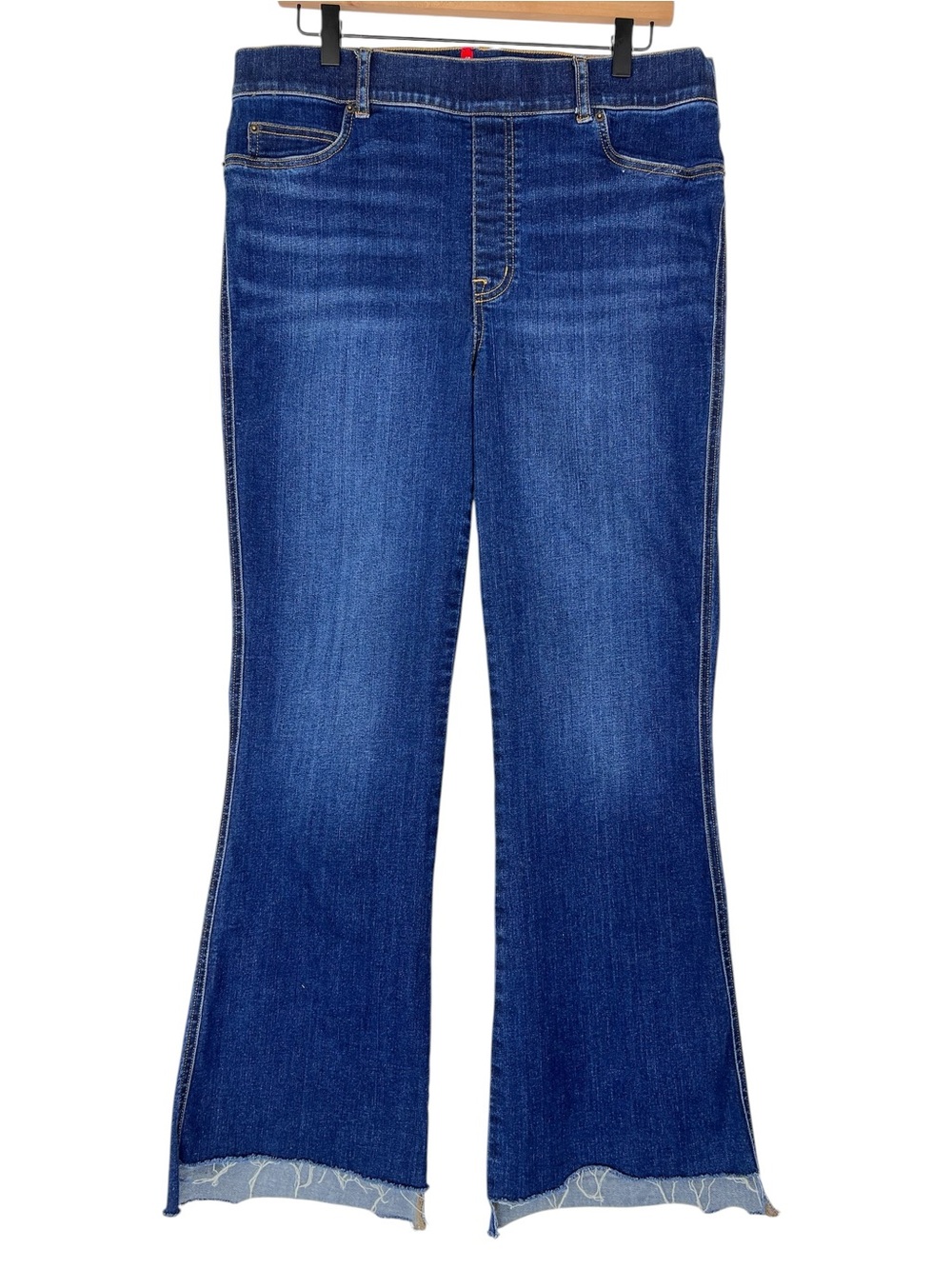 Spanx Kick Flare Denim Sz XL Tall Dark Blue Stepped Raw Hem Boot Stretch Pullon